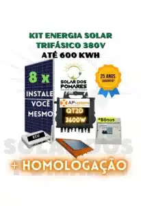 Kit Energia Solar On Grid - Micro Inversor APsystems QT2D Confort - 480 a 600 kWh/Mês 1 Kit completo Apsystems QT2D 3600w trifásico 380v placas estrutura telhado e monitoramento
