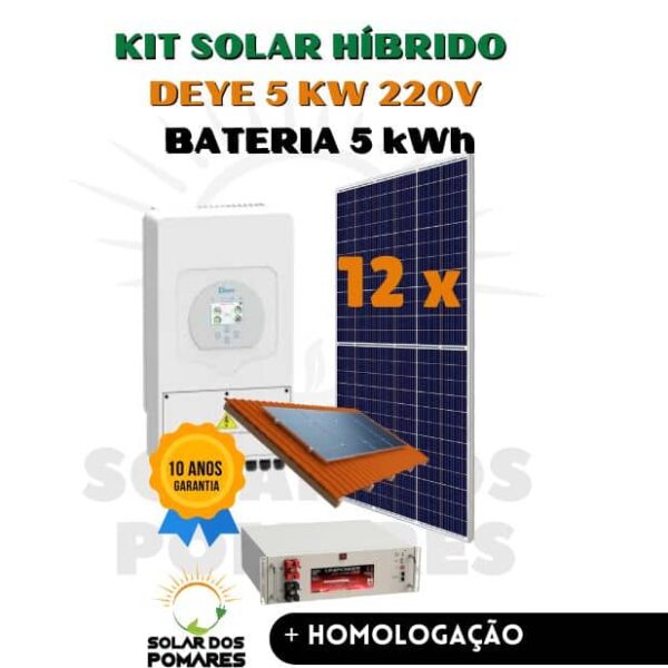 Kit Energia Solar Híbrido 900 kWh Mês - Inversor Deye 5kW - 220V Bateria 5kWh